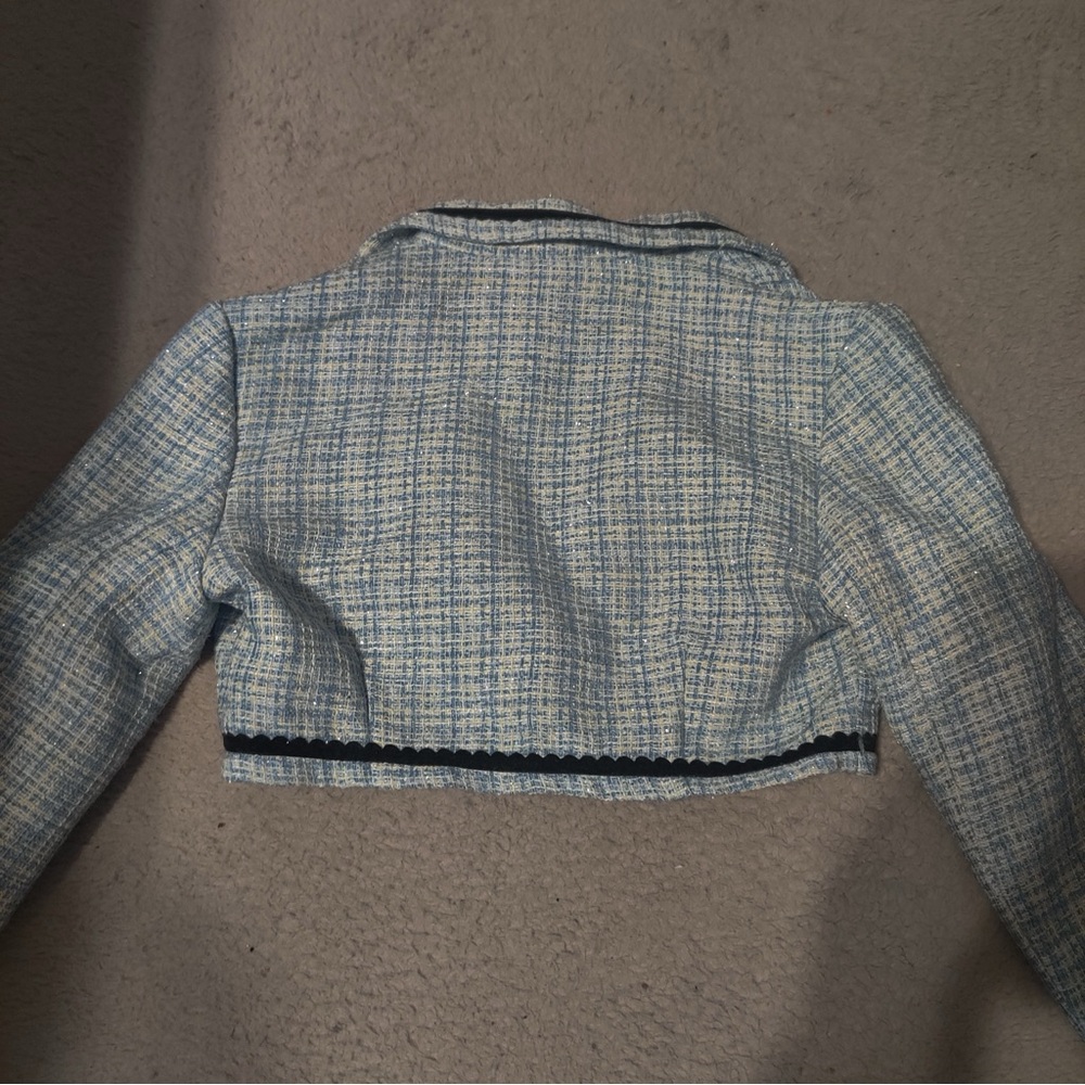 CIDER Lady Blue Pleated Mini Dress & Cropped Blazer Blue Tweed Set Black Trim S - Picture 8 of 14